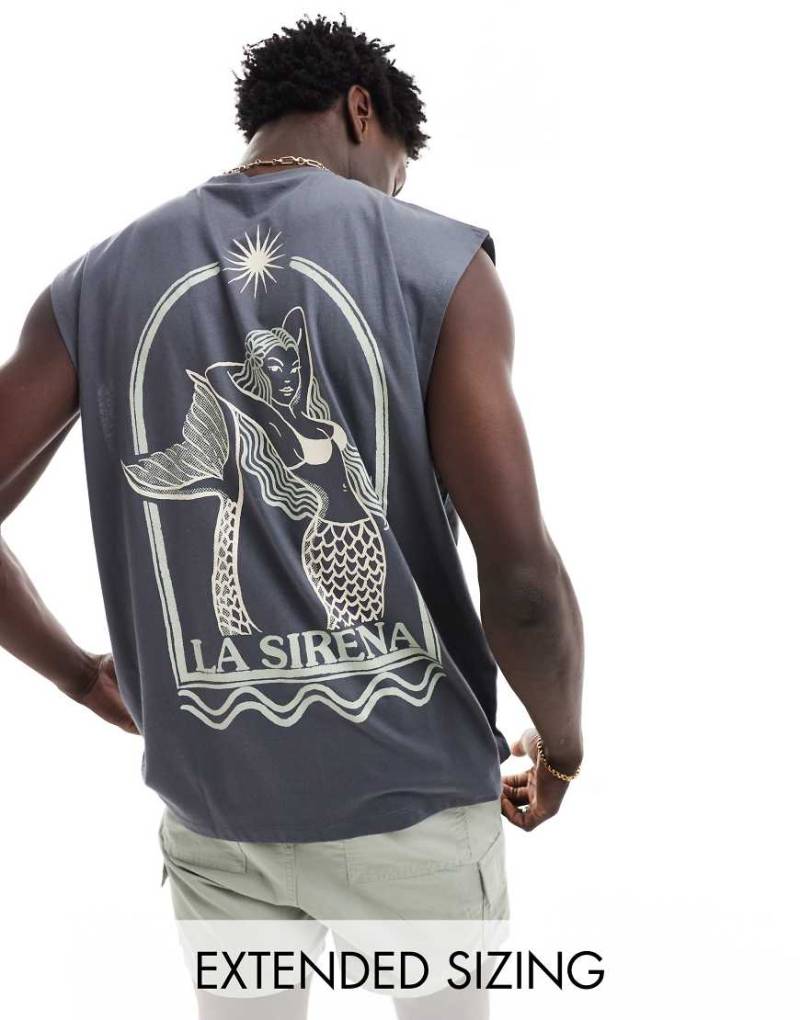 ASOS DESIGN - Oversize-Tanktop in Grau mit Meerjungfrauen-Print auf der Rückseite von ASOS DESIGN