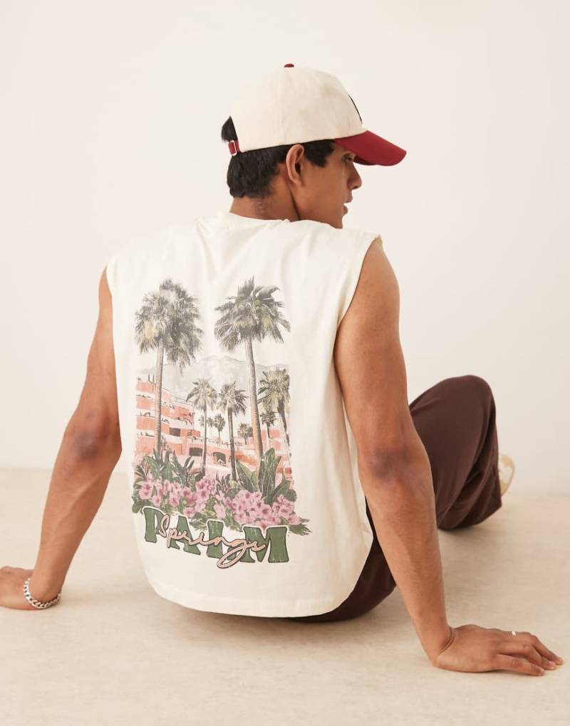 ASOS DESIGN - Oversize-Tanktop in Tofu mit Palmen-Rückenprint-Weiß von ASOS DESIGN