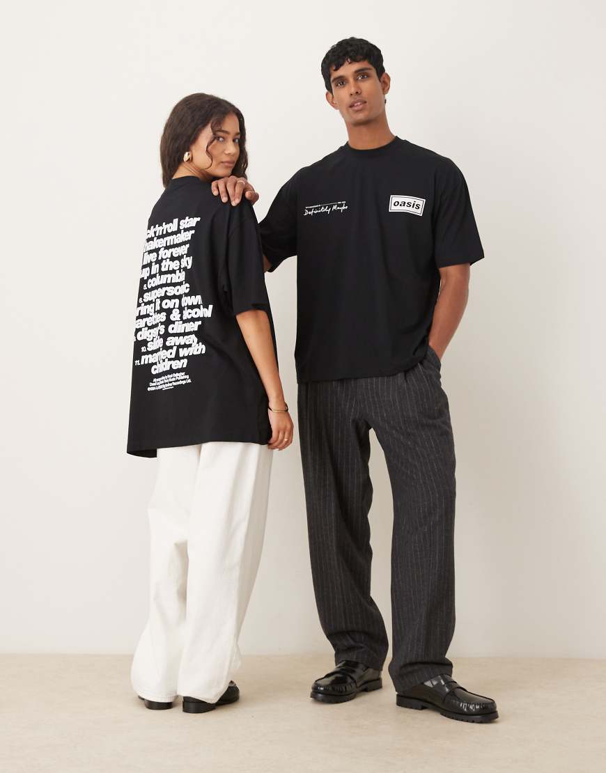 ASOS DESIGN - Oversized T-Shirt in Schwarz mit OASIS-Logo und „Definitely Maybe Tracklist"-Slogan von ASOS DESIGN