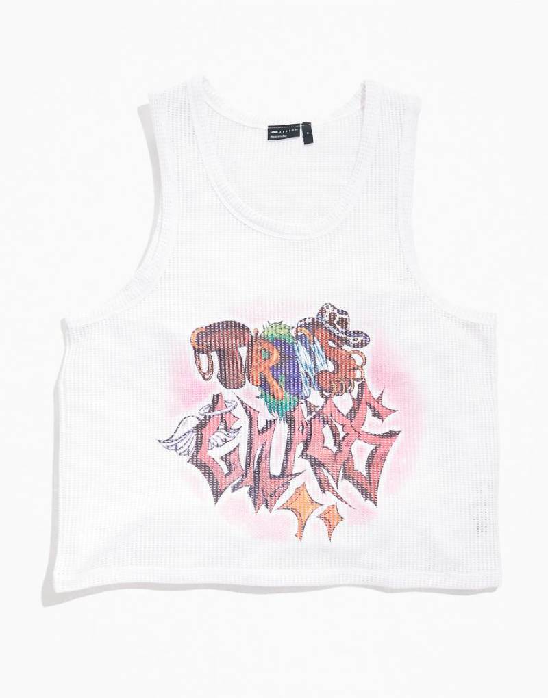 ASOS DESIGN - PRIDE - Unisex-Trägertop aus grobem Netzstoff in Weiß mit Print auf der Brust von ASOS DESIGN