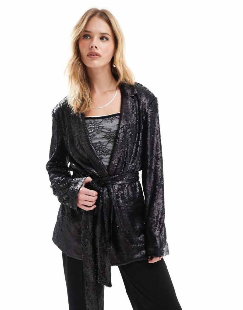 ASOS DESIGN - Pailletten-Blazer in Schwarz mit Bindegürtel von ASOS DESIGN