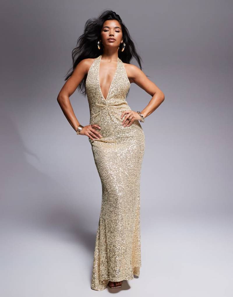 ASOS DESIGN - Pailletten-Maxikleid in Gold mit sehr tiefem Ausschnitt-Goldfarben ASOS DESIGN - Pailletten-Maxikleid in Gold mit sehr tiefem Ausschnitt-Goldfarben von ASOS DESIGN