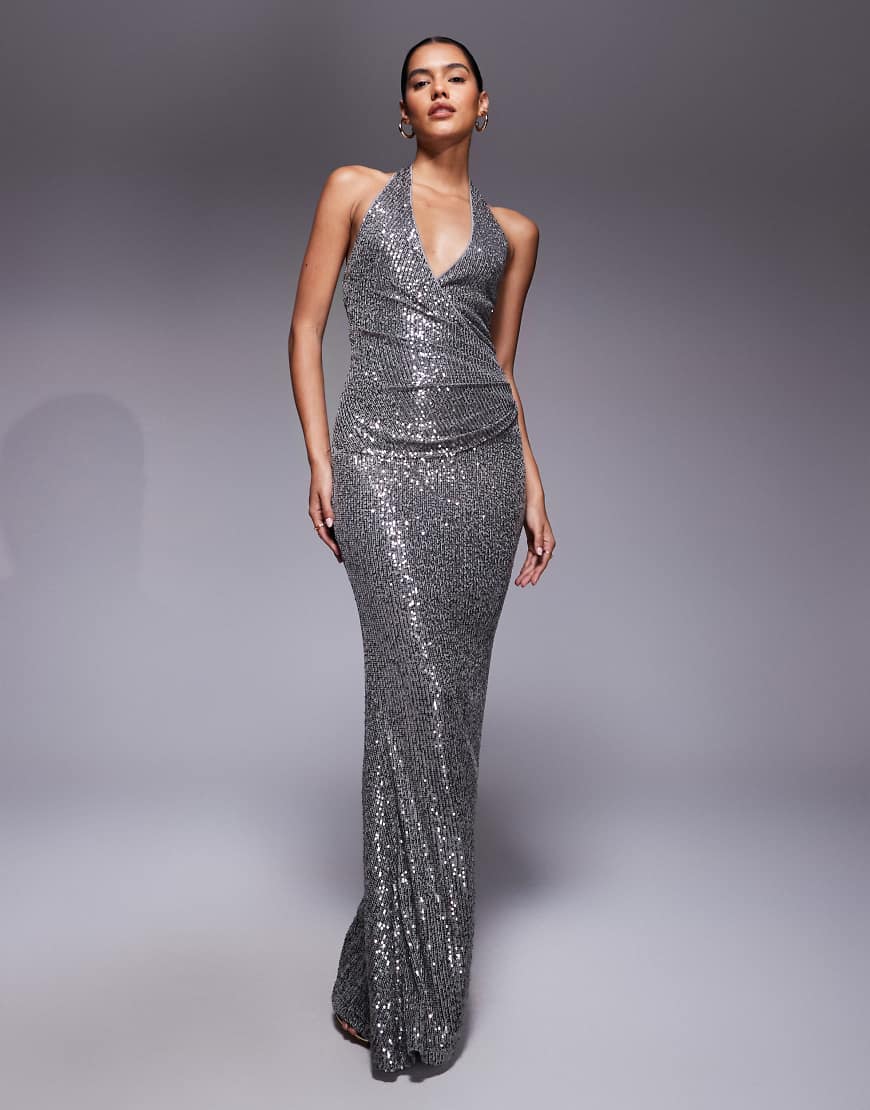 ASOS DESIGN - Pailletten-Maxikleid in Silber mit tiefem Ausschnitt ASOS DESIGN - Pailletten-Maxikleid in Silber mit tiefem Ausschnitt von ASOS DESIGN
