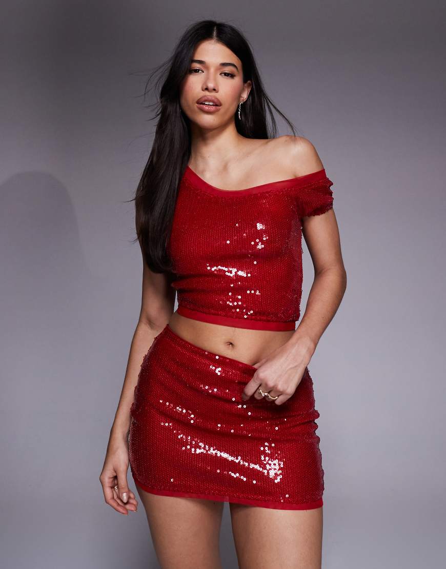 ASOS DESIGN - Pailletten-Minirock aus Netzstoffmix in Rot, Kombiteil von ASOS DESIGN