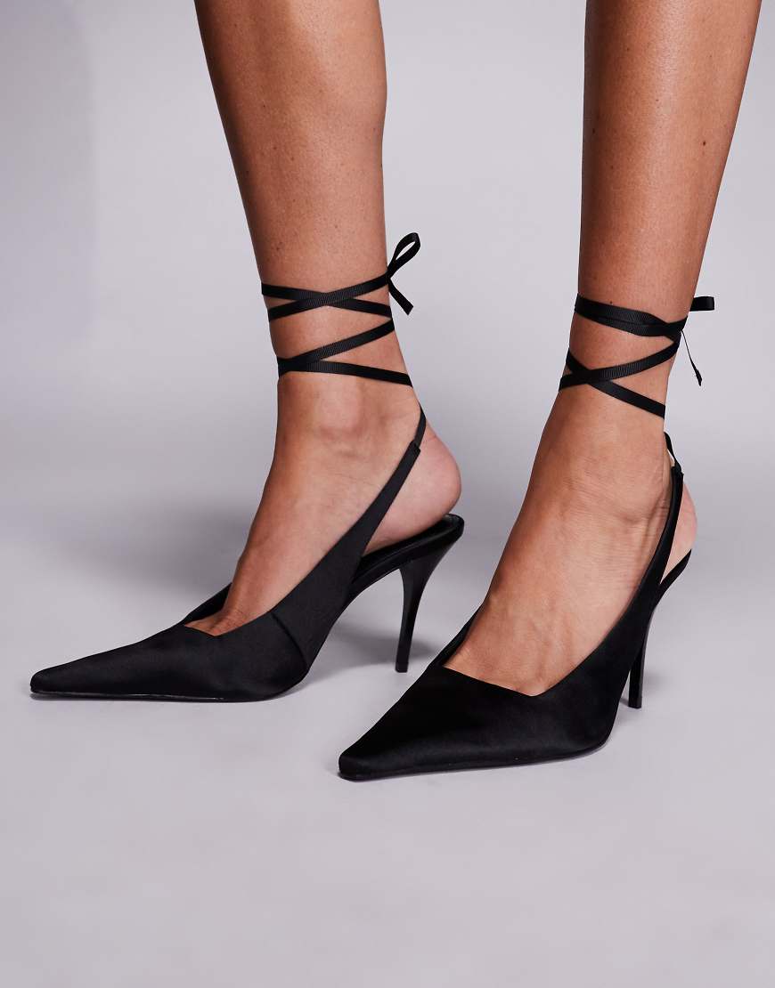 ASOS DESIGN - Pascha - Schuhe in Schwarz mit Satin, hohem Absatz und Fesselriemchen von ASOS DESIGN