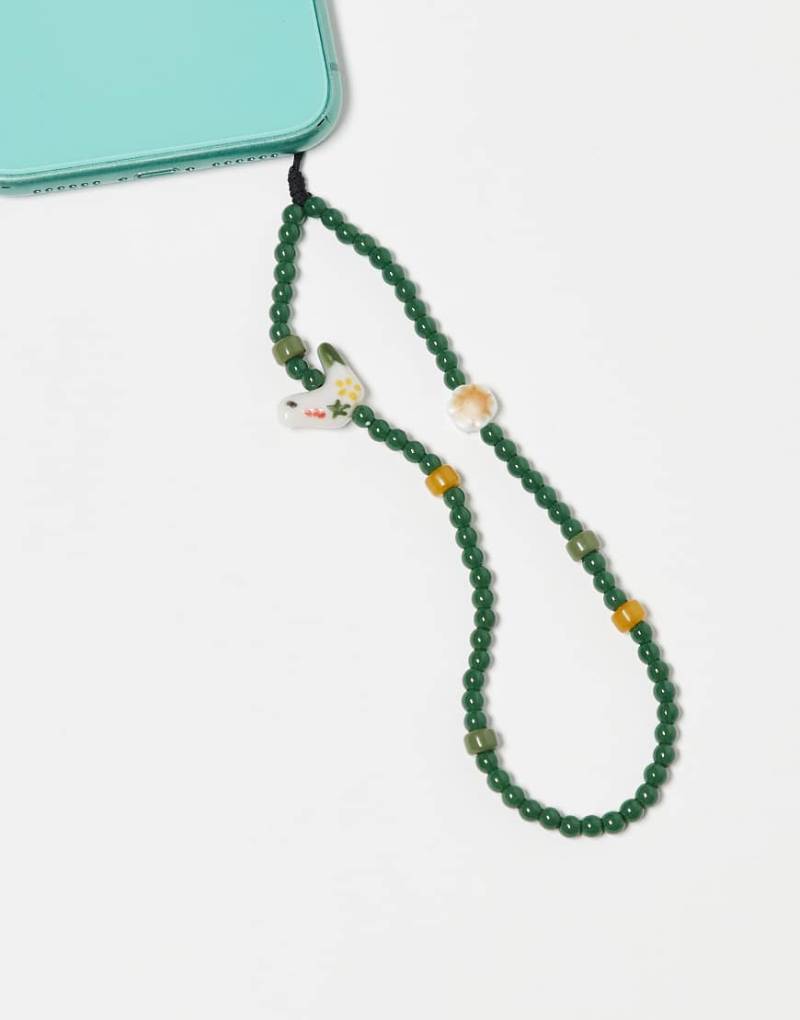 ASOS DESIGN - Perlenbesetzte Handykette in Grün mit Vogelanhängern von ASOS DESIGN