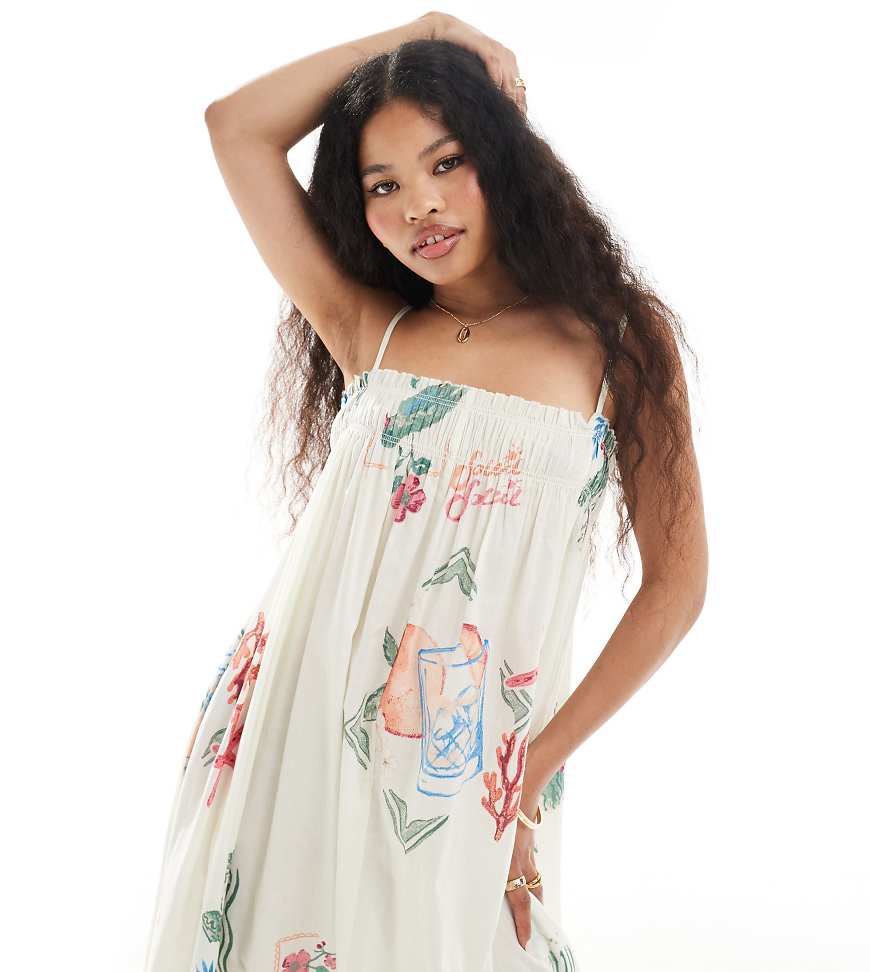 ASOS DESIGN Petite - Trapezförmiges Strandkleid mit Postkartenmuster-Bunt von ASOS Petite