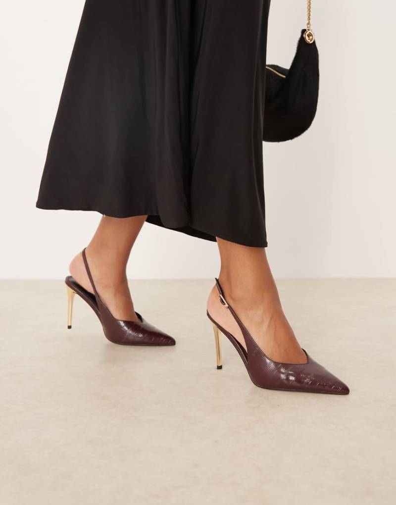 ASOS DESIGN - Phoenix - Slingback-Schuhe in Burgunderrot mit hohen, elektroplattierten Absätzen von ASOS DESIGN