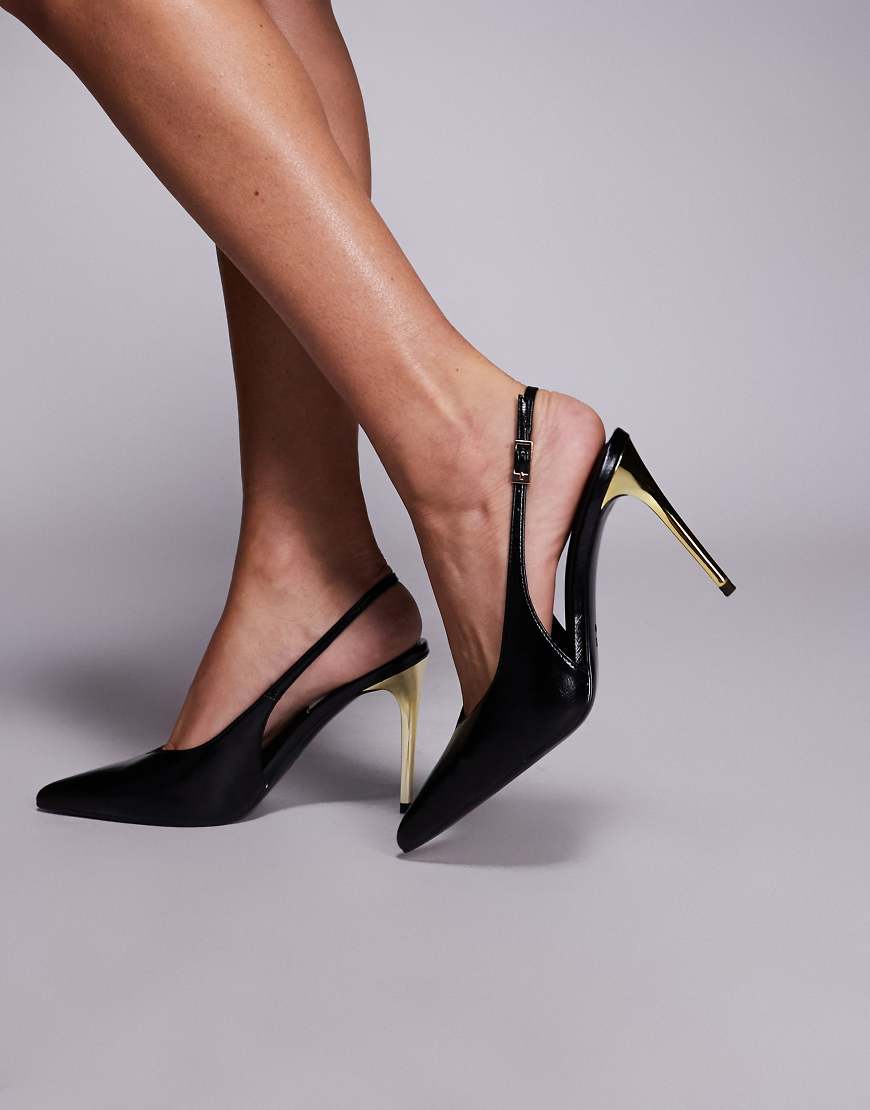 ASOS DESIGN - Phoenix - Slingback-Schuhe in Schwarz mit hohen, elektroplatiertem Absätzen von ASOS DESIGN