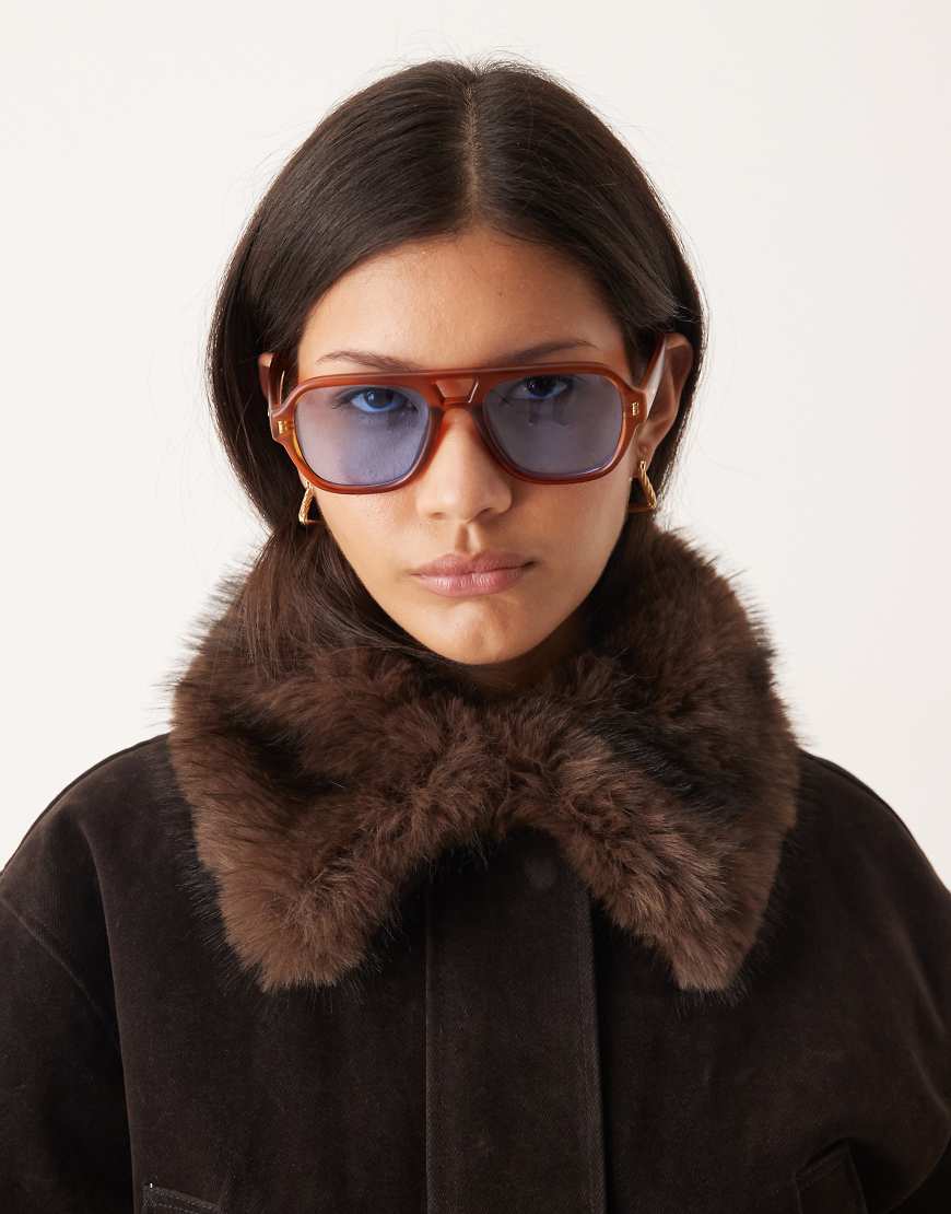ASOS DESIGN - Piloten-Sonnenbrille in Schildpattoptik mit blauen Gläsern-Brown von ASOS DESIGN