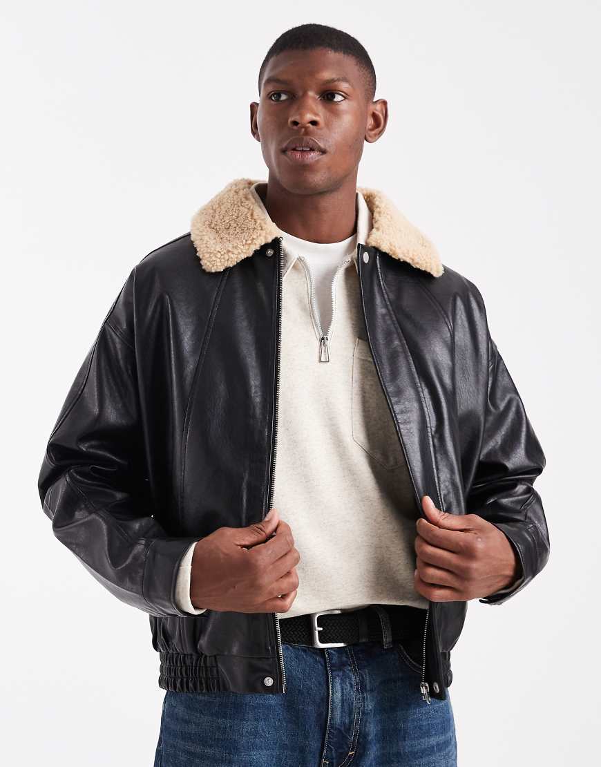 ASOS DESIGN - Pilotenjacke in Schwarz mit Teddyfell-Kragen von ASOS DESIGN