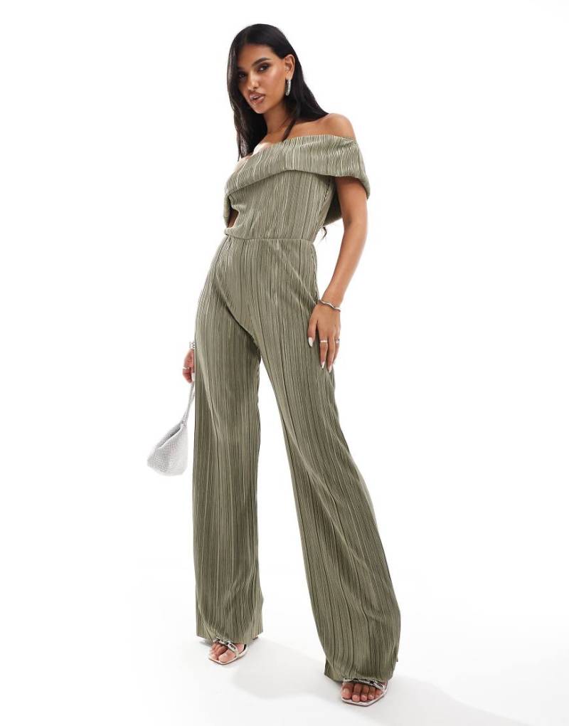 ASOS DESIGN - Plissee-Jumpsuit in Khaki mit weitem Bein und Carmen-Ausschnitt-Grün ASOS DESIGN - Plissee-Jumpsuit in Khaki mit weitem Bein und Carmen-Ausschnitt-Grün von ASOS DESIGN