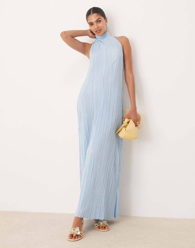 ASOS DESIGN - Plissee-Maxikleid in Babyblau mit gebundenem Neckholder von ASOS DESIGN