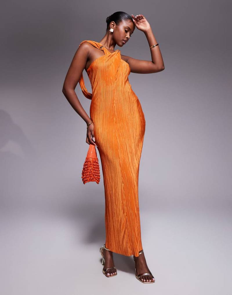 ASOS DESIGN - Plissee-Maxikleid in Orange mit überkreuzter Vorder- und drapierter Rückseite von ASOS DESIGN