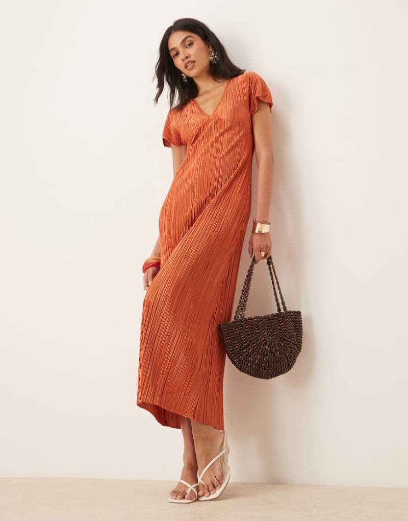 ASOS DESIGN - Plissee-Midikleid in Rostrot mit V-Ausschnitt-Orange von ASOS DESIGN