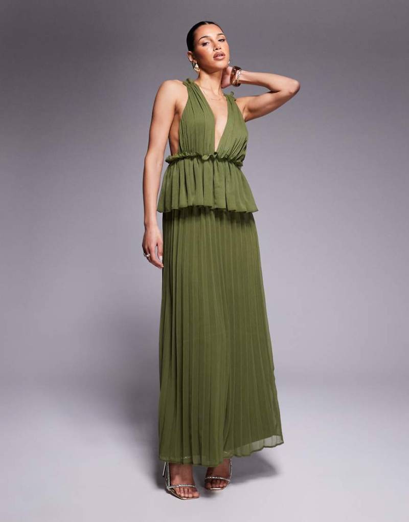 ASOS DESIGN - Plissee-Midikleid in dunklem Khaki mit Schößchen und tiefem Ausschnitt-Grün von ASOS DESIGN