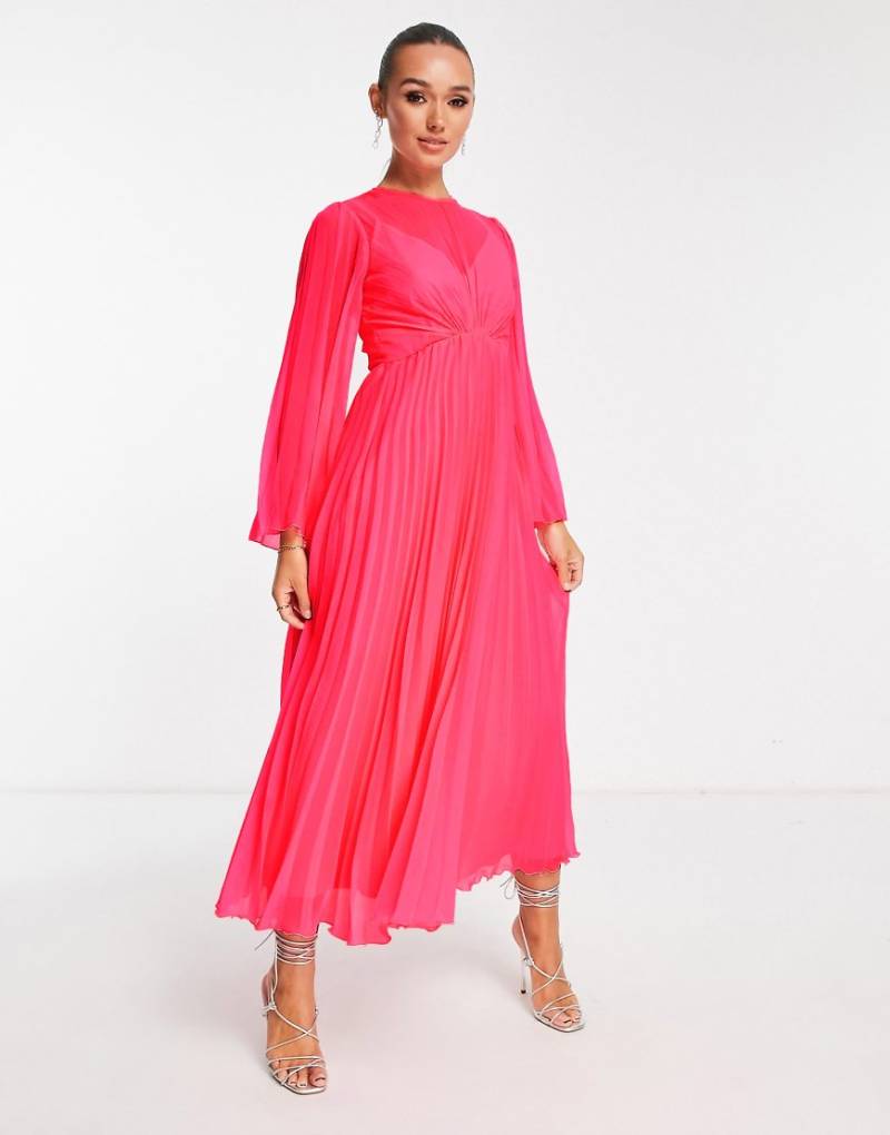 ASOS DESIGN - Plissiertes, hinten gebundenes Midikleid in Fluro-Rosa mit Trompetenärmeln von ASOS DESIGN