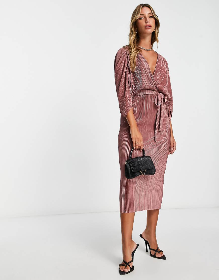 ASOS DESIGN - Plissiertes Midi-Wickelkleid mit Punktemuster in Rosé und Bindegürtel-Rosa von ASOS DESIGN