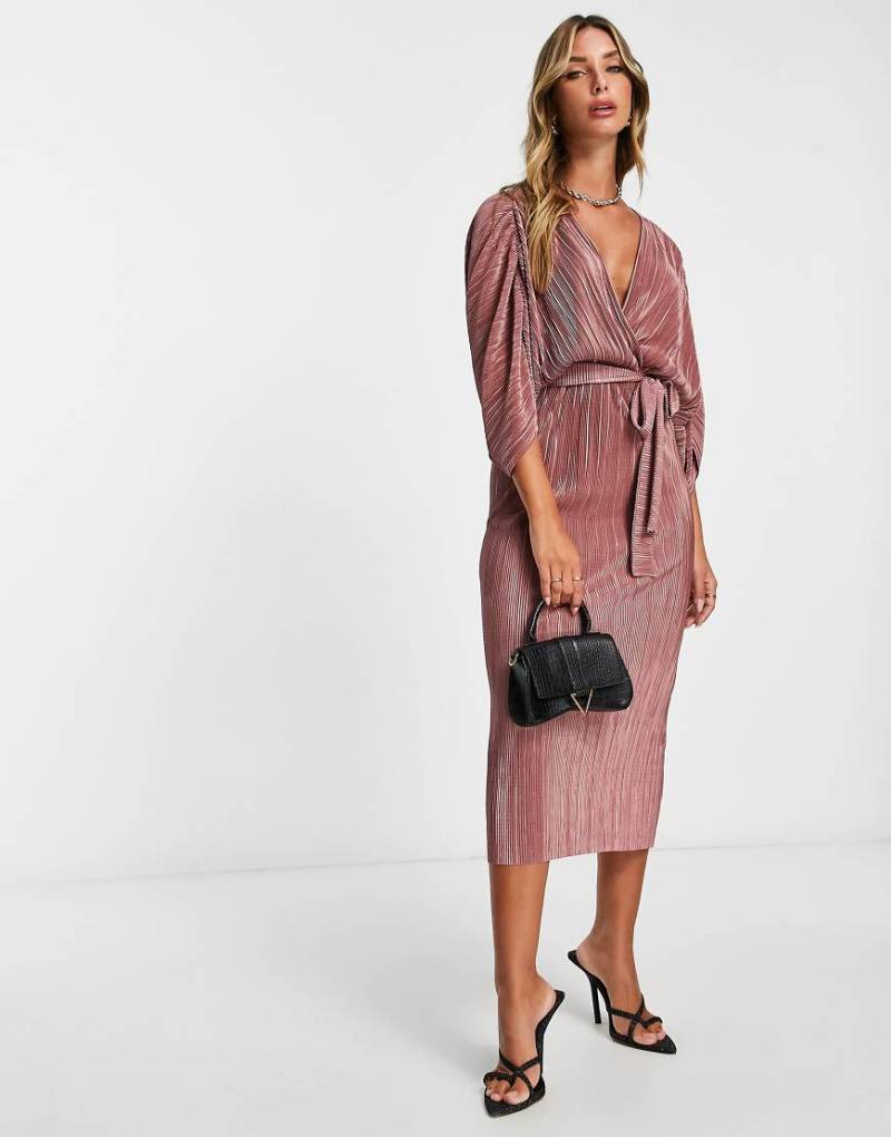 ASOS DESIGN - Plissiertes Midi-Wickelkleid mit Punktemuster in Rosé und Bindegürtel-Rosa von ASOS DESIGN