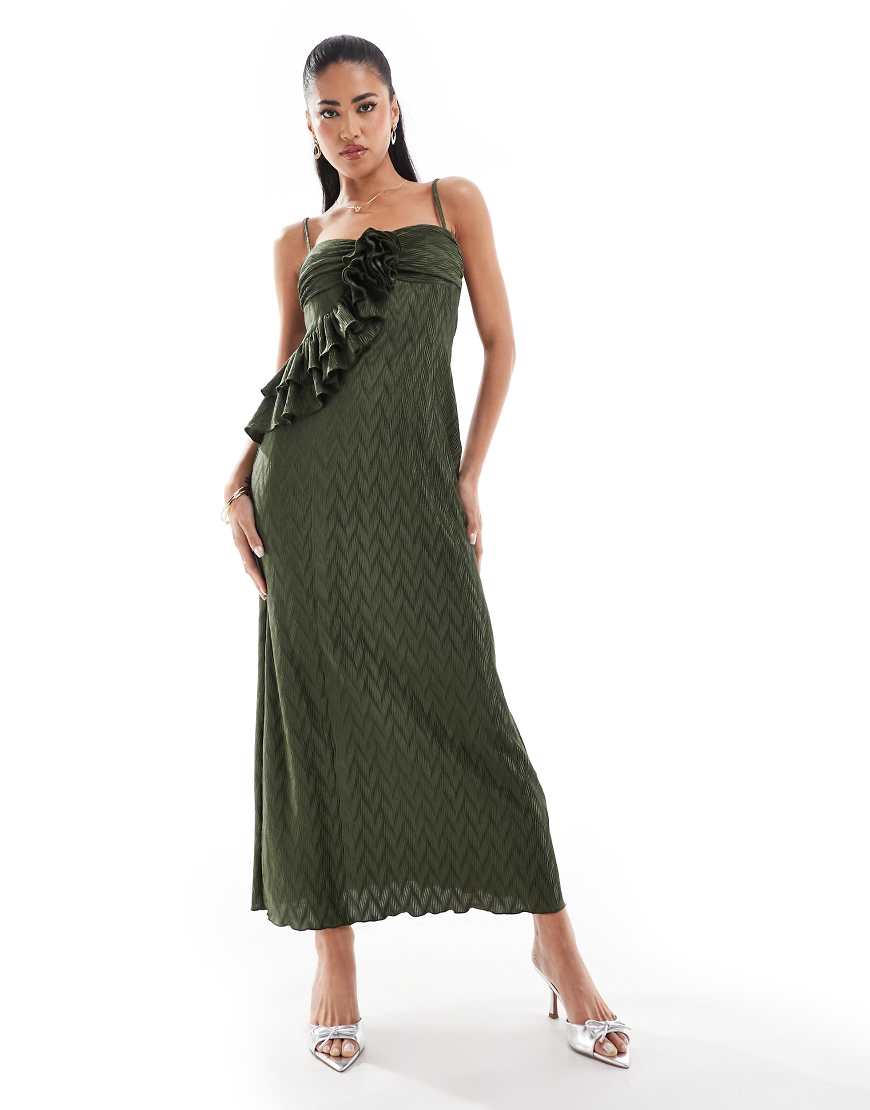ASOS DESIGN - Plissiertes Midikleid in Khaki mit schmalen Trägern und Korsettdetail mit Rüschen-Rosa von ASOS DESIGN