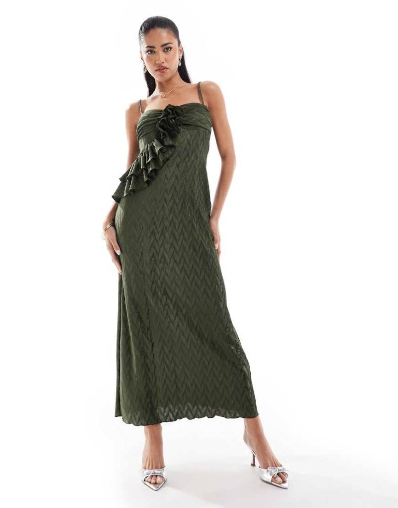 ASOS DESIGN - Plissiertes Midikleid in Khaki mit schmalen Trägern und Korsettdetail mit Rüschen-Rosa von ASOS DESIGN