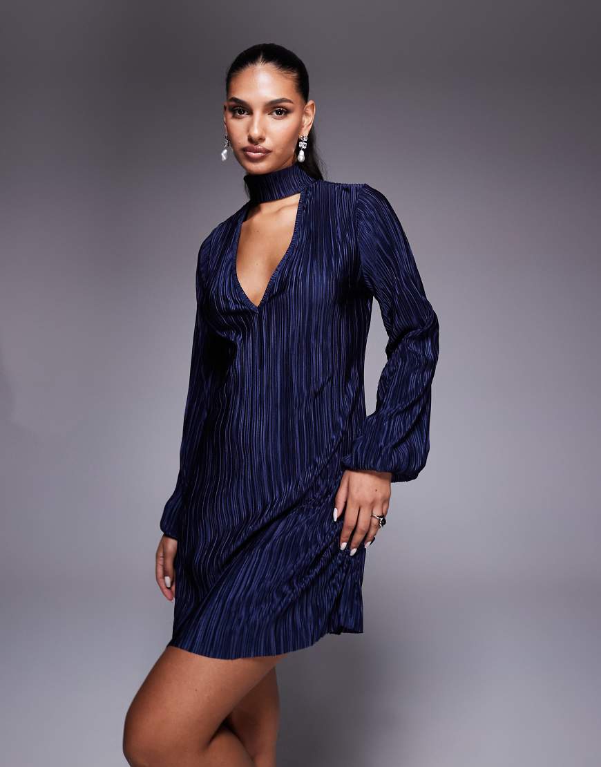 ASOS DESIGN - Plissiertes Minikleid in Marineblau mit V-Front, Choker-Detail und Ballonärmeln-Schwarz von ASOS DESIGN