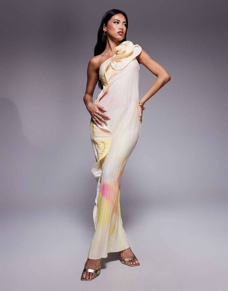ASOS DESIGN - Plissiertes One-Shoulder-Midikleid mit Print und wirbelförmigem, herabfallendem Besatz-Bunt von ASOS DESIGN