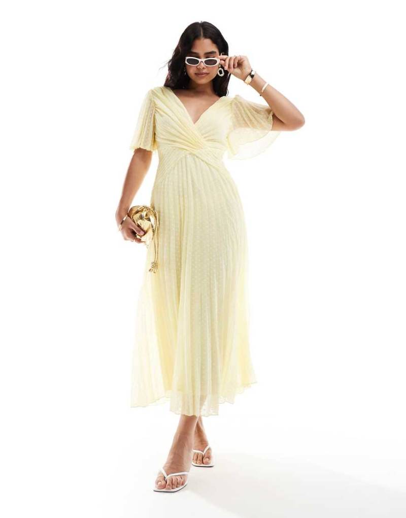 ASOS DESIGN - Plissiertes wadenlanges Kleid in Zitronengelb mit tiefem Ausschnitt und genoppten Flügelärmeln-Grün von ASOS DESIGN