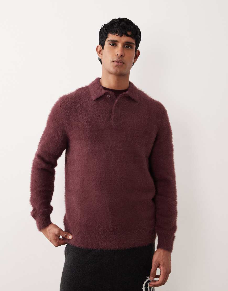 ASOS DESIGN - Polo-Pullover aus flauschigem Strick in Burgunderrot von ASOS DESIGN