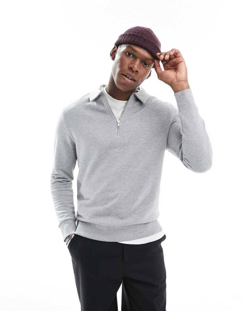 ASOS DESIGN - Polo-Sweatshirt in Grau meliert mit Reißverschluss von ASOS DESIGN