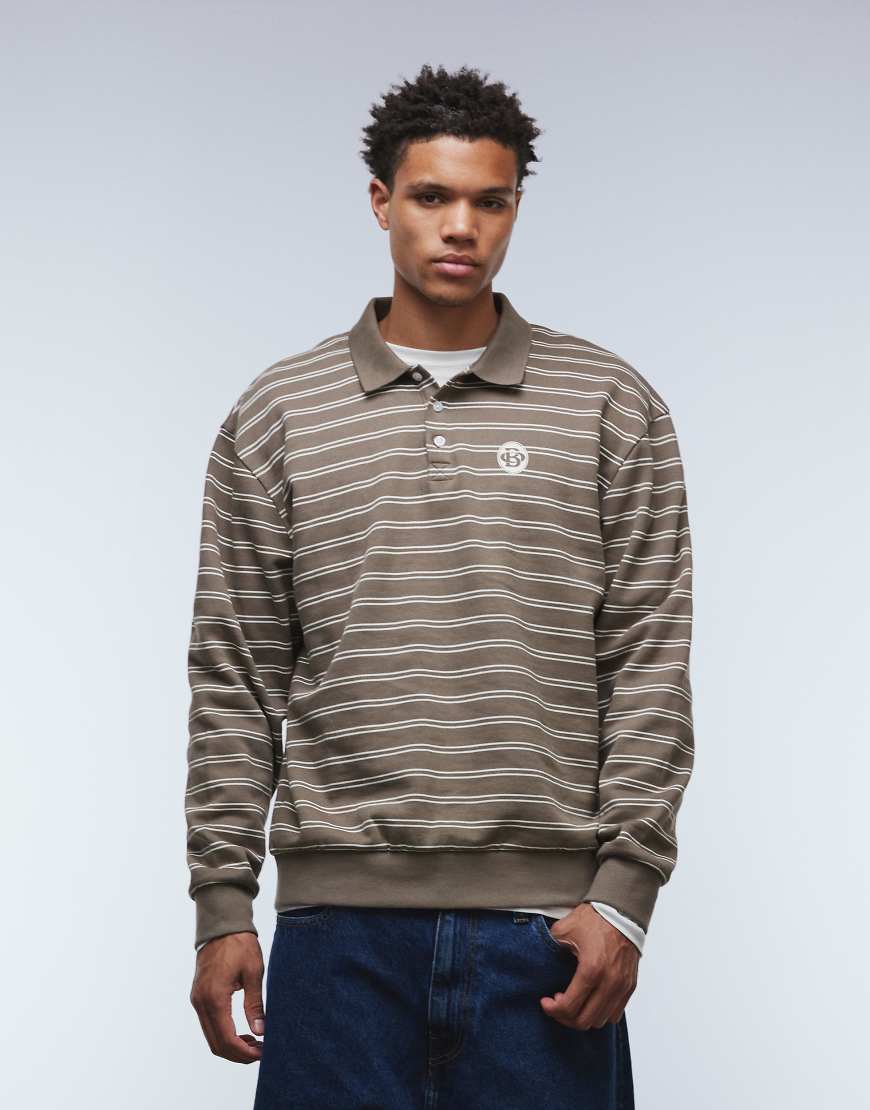 ASOS DESIGN - Polo-Sweatshirt in Grau mit Streifen-Brown von ASOS DESIGN