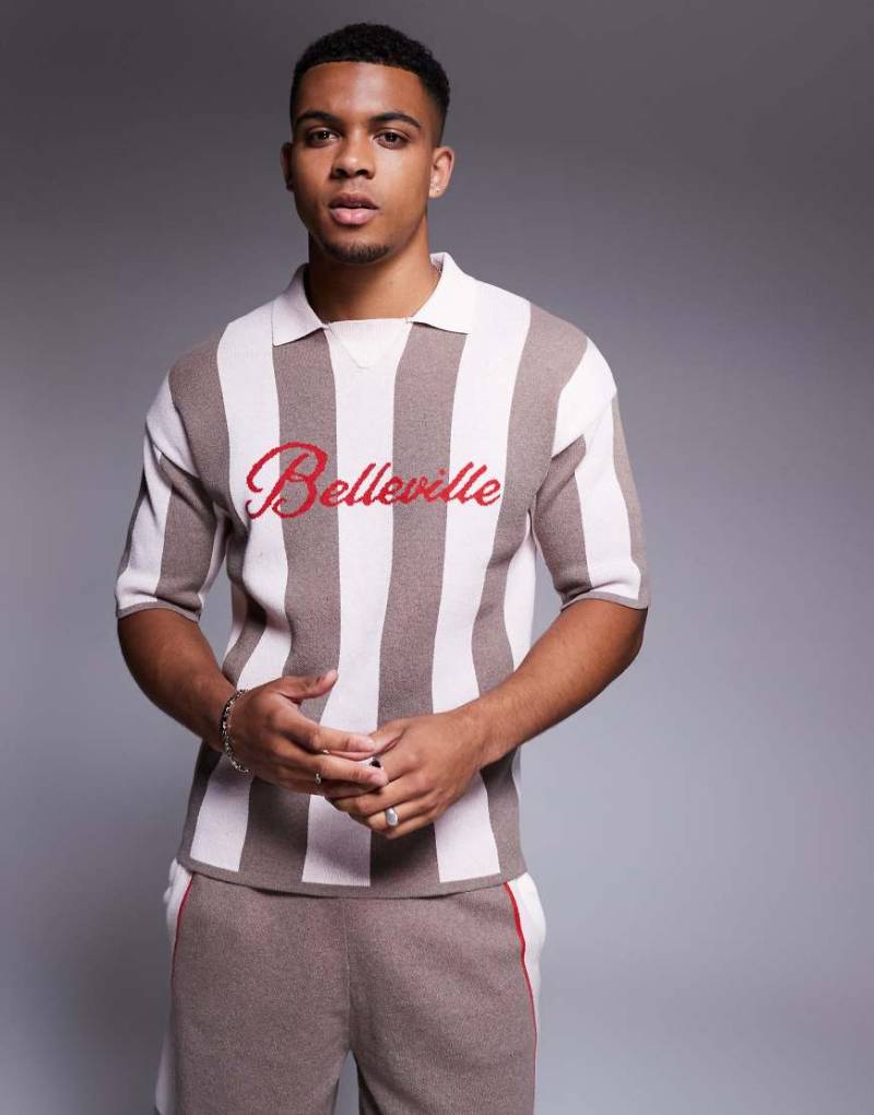 ASOS DESIGN - Polo-Trikot aus Strick in Stein mit Belleville-Grafik, Kombiteil-Neutral von ASOS DESIGN