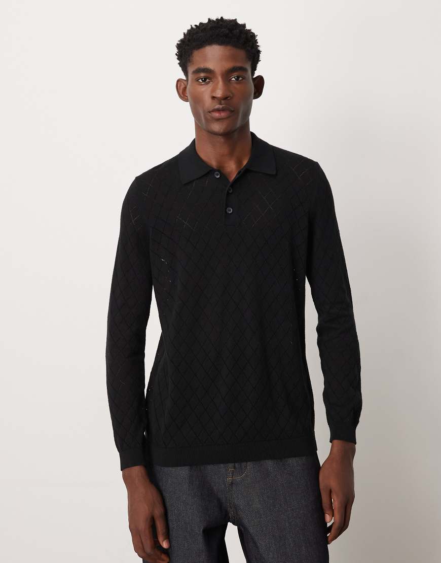 ASOS DESIGN - Polohemd aus Pointelle-Strick in Schwarz mit Muster von ASOS DESIGN