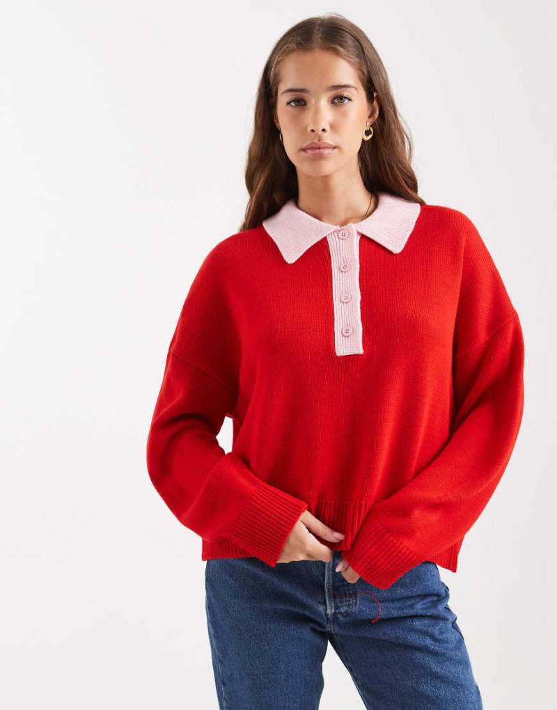 ASOS DESIGN - Polohemd aus Strick in Rot mit kontrastierendem Kragen von ASOS DESIGN