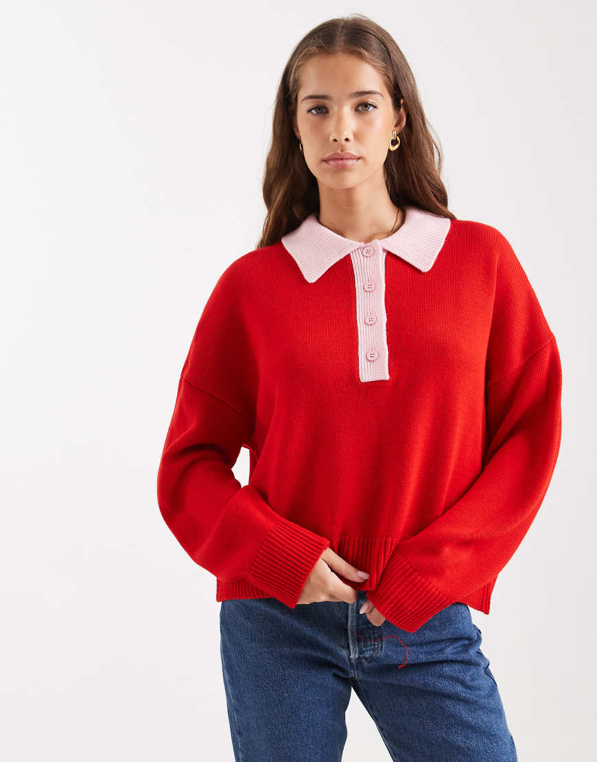 ASOS DESIGN - Polohemd aus Strick in Rot mit kontrastierendem Kragen von ASOS DESIGN