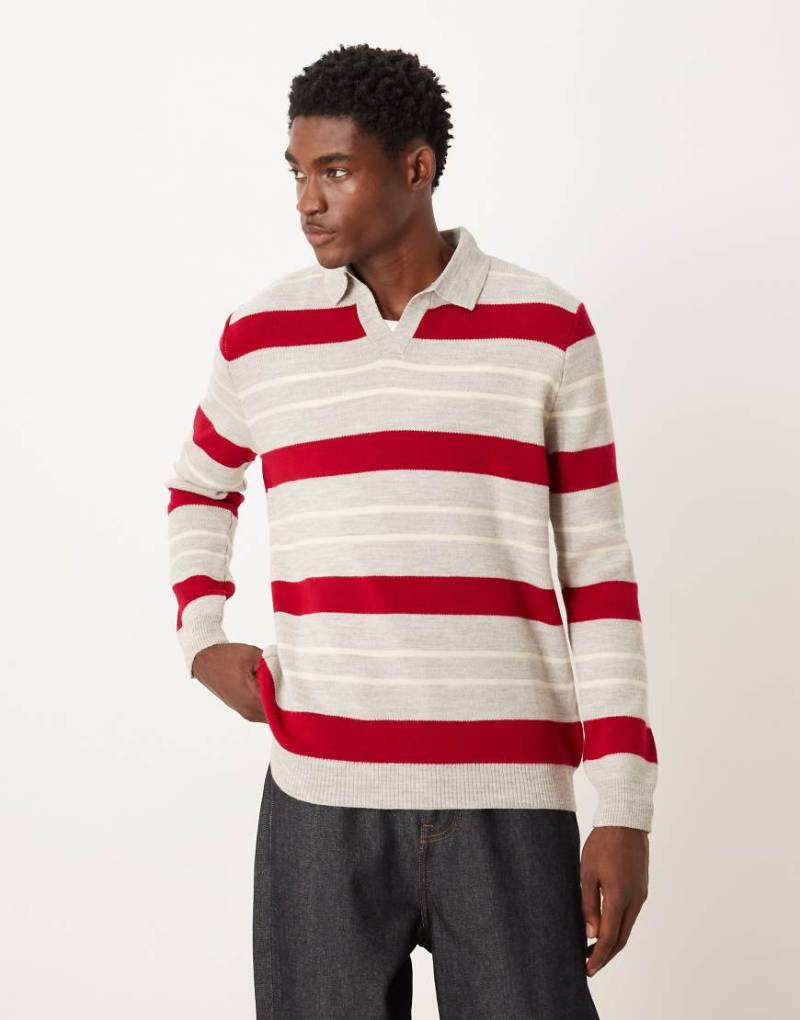 ASOS DESIGN - Polopullover aus Strick mit Streifen in Rot und Beige und eingekerbtem Ausschnitt-Weiß von ASOS DESIGN
