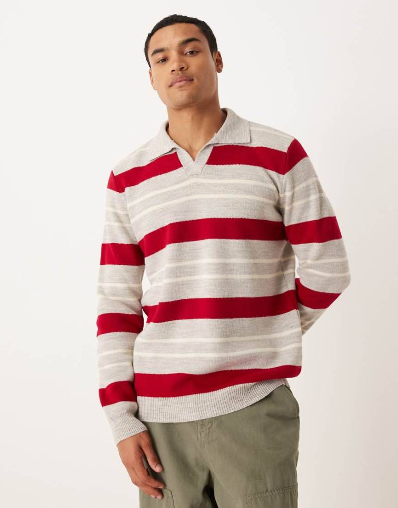 ASOS DESIGN - Polopullover aus Strick mit Streifen in Rot und Beige und eingekerbtem Ausschnitt-Weiß von ASOS DESIGN