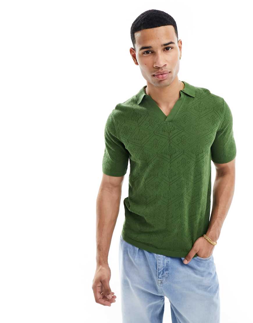 ASOS DESIGN - Poloshirt aus Häkelstrick in Khaki mit Einkerbung am Ausschnitt-Grün ASOS DESIGN - Poloshirt aus Häkelstrick in Khaki mit Einkerbung am Ausschnitt-Grün von ASOS DESIGN
