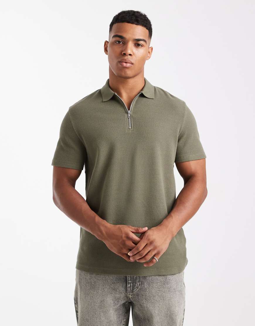 ASOS DESIGN - Poloshirt in Khaki mit Reißverschluss-Kragen und Waffelstruktur-Grün von ASOS DESIGN