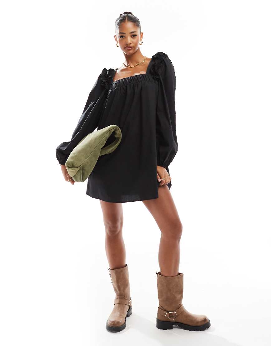 ASOS DESIGN - Popeline-Minikleid in Schwarz mit gerüschter Schulterpartie von ASOS DESIGN
