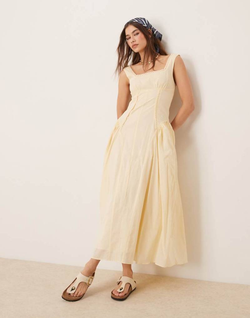 ASOS DESIGN - Prärie-Maxikleid in Buttermilchgelb mit eckigem Ausschnitt und tief angesetzter Taille-Weiß von ASOS DESIGN