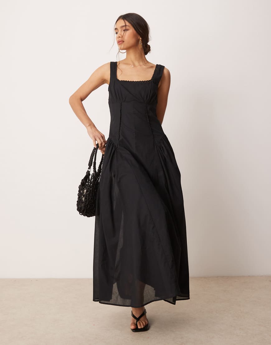 ASOS DESIGN - Prärie-Maxikleid in Schwarz mit eckigem Ausschnitt und tief angesetzter Taille von ASOS DESIGN
