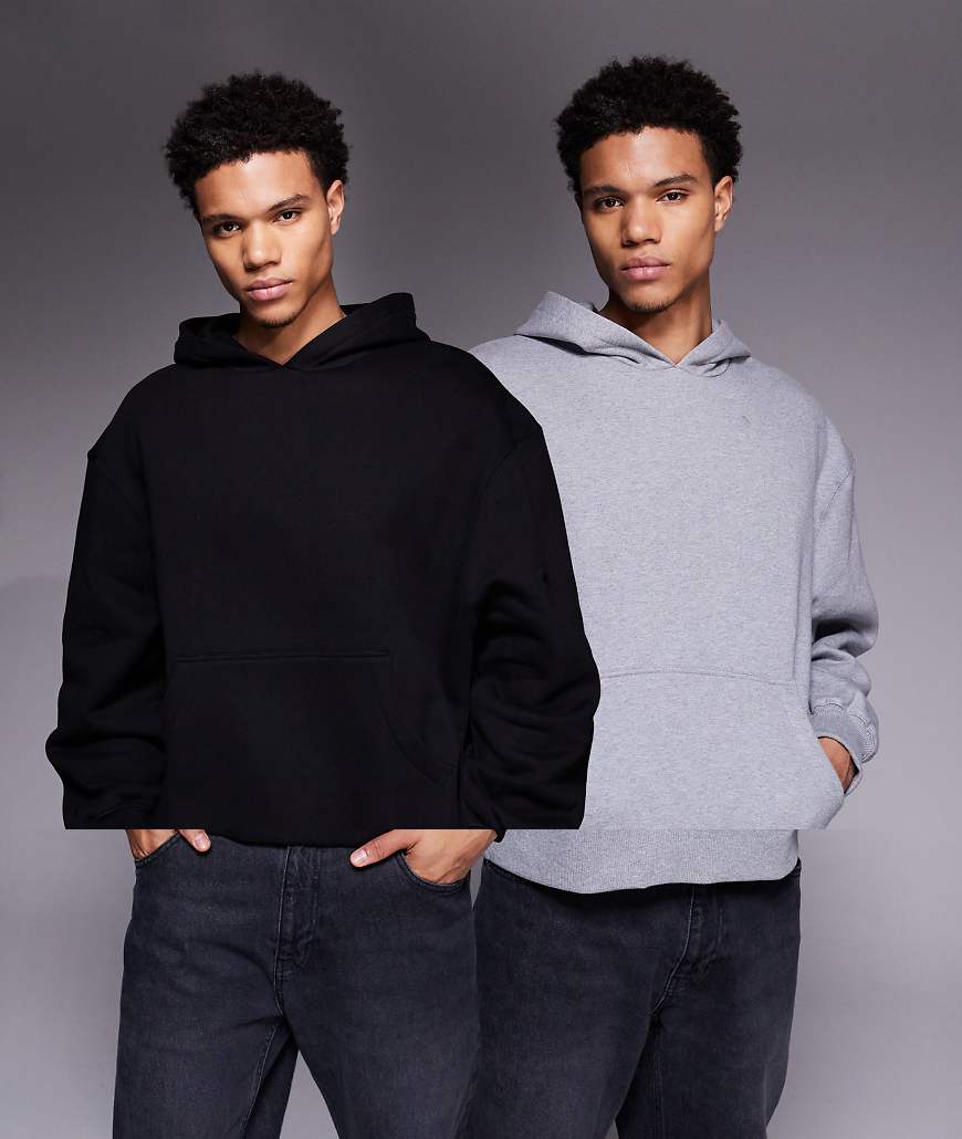 ASOS DESIGN - Premium - 2er-Pack schwere Oversize-Kapuzenpullover in Schwarz und meliertem Grau, 400 g/m² von ASOS DESIGN