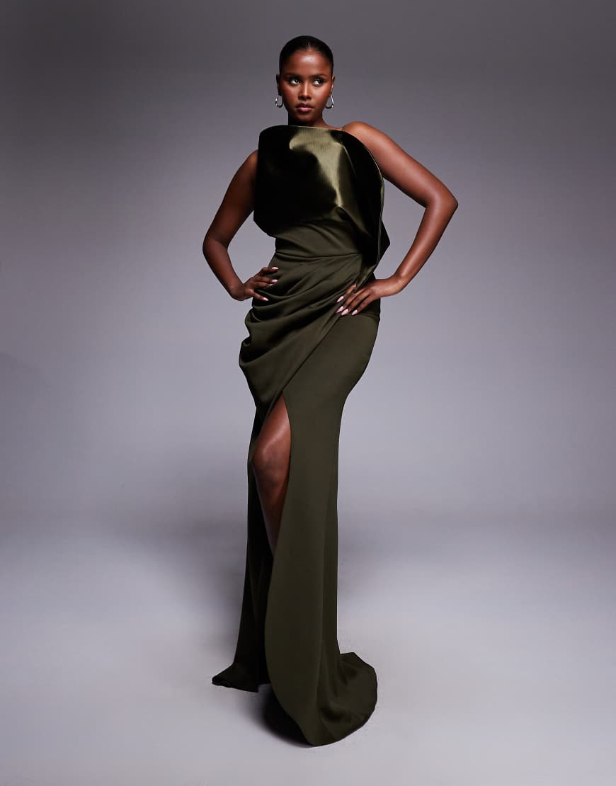 ASOS DESIGN - Premium - Glamouröses Maxikleid in Khaki mit hohem Beinschlitz-Grün von ASOS DESIGN