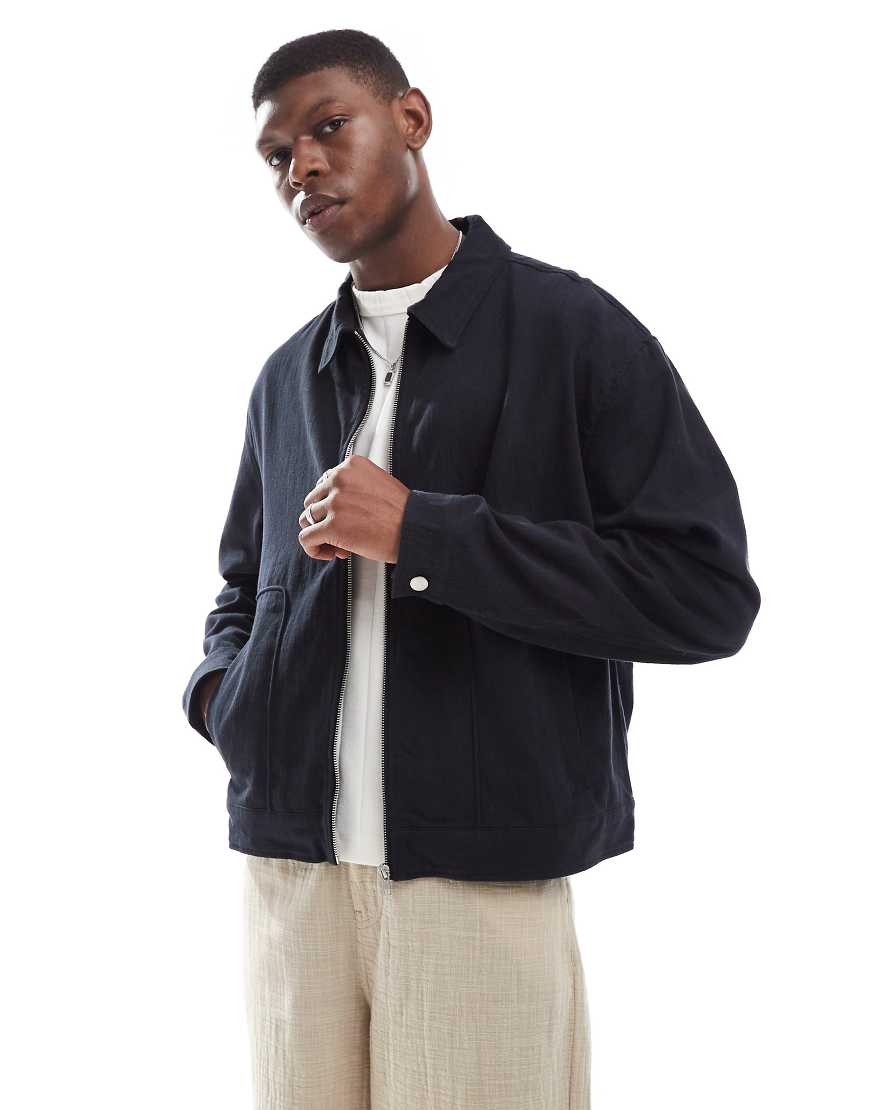 ASOS DESIGN - Premium - Kastige Harrington-Jacke aus Leinen-Mix in Schwarz mit Oversize-Passform von ASOS DESIGN
