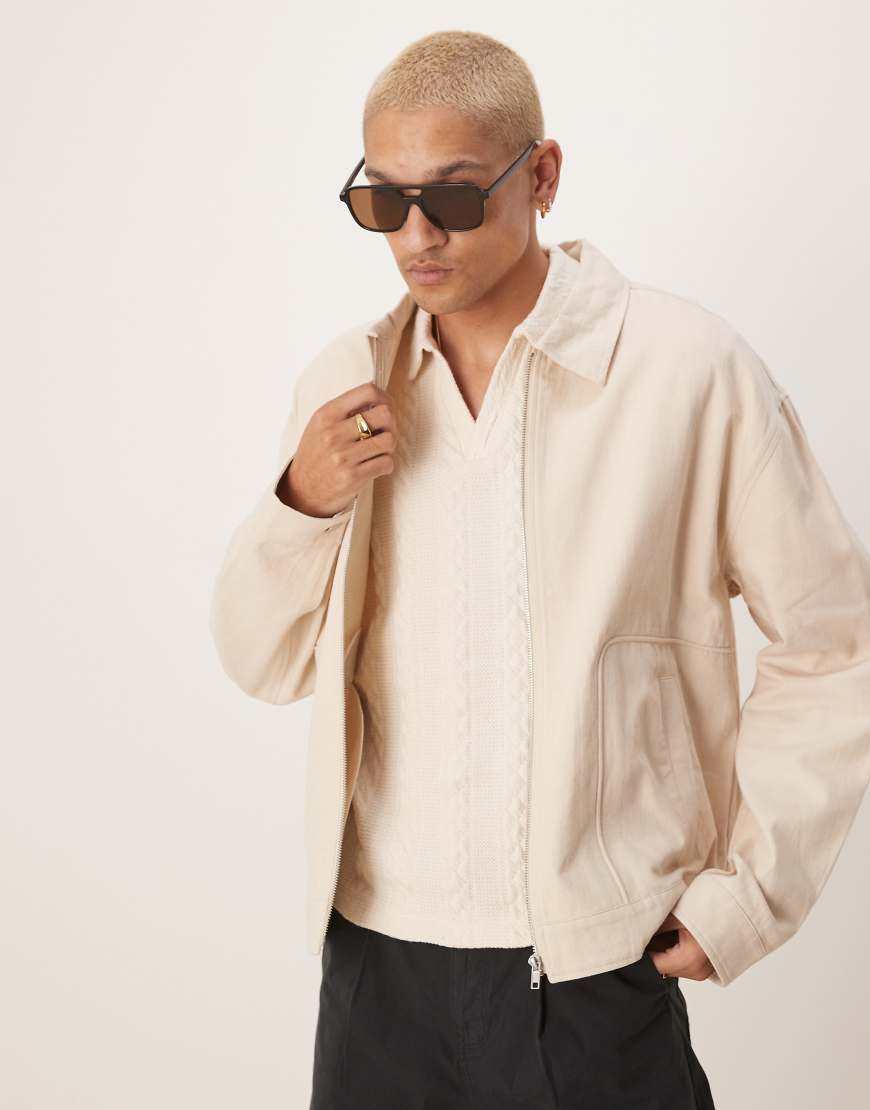 ASOS DESIGN - Premium - Kastige Harrington-Jacke aus Leinen-Mix in Steinbeige mit Oversize-Passform-Neutral von ASOS DESIGN