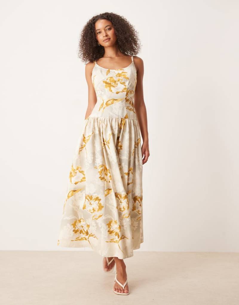 ASOS DESIGN - Premium - Midikleid in Gelb geblümt mit schmalen Trägern, Ziernaht und tiefer Taille-Bunt von ASOS DESIGN