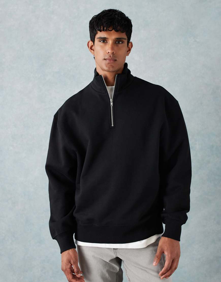 ASOS DESIGN - Premium - Schwerer Oversize-Pullover in Schwarz mit kurzem Reißverschluss, 400 g/m² von ASOS DESIGN