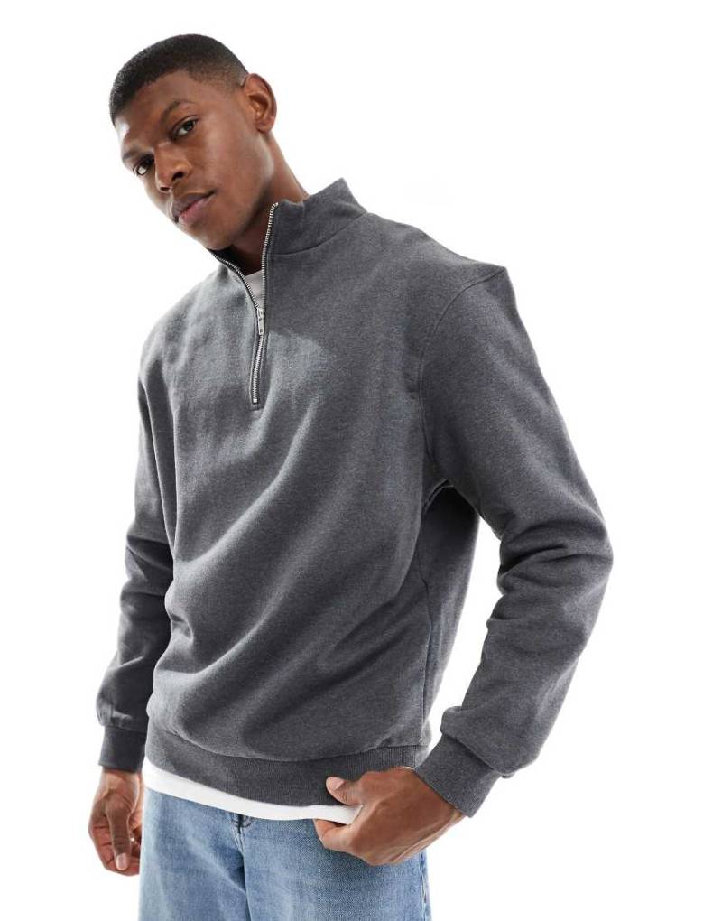 ASOS DESIGN - Premium - Schweres Oversize-Sweatshirt in Anthrazit meliert mit kurzem Reißverschluss, 400 g/m²-Grau von ASOS DESIGN