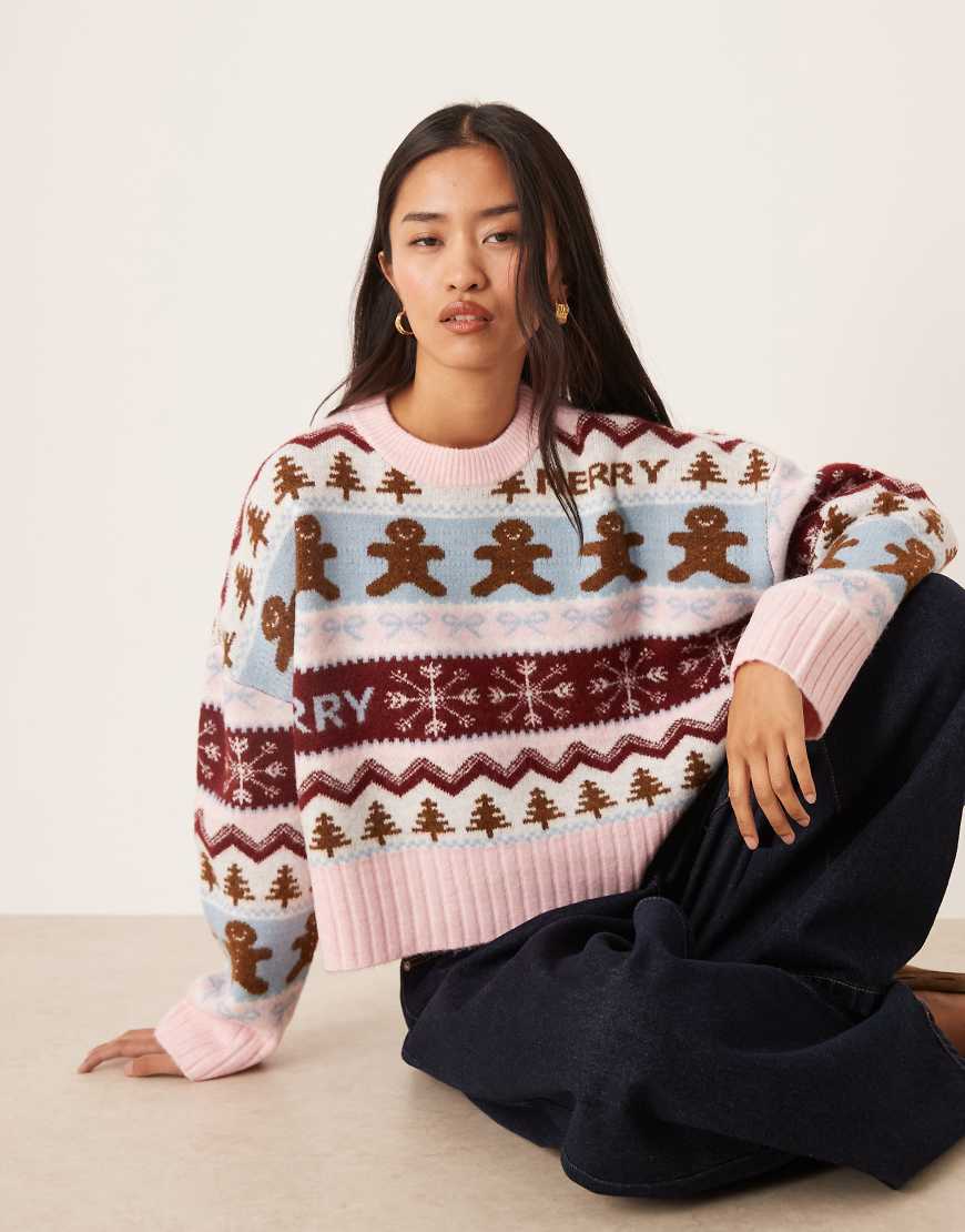 ASOS DESIGN - Pullover in Blau mit Lebkuchenmännchen-Muster von ASOS DESIGN